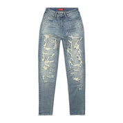 Smoke Rise RED High Rise Rip Off Tapered Denim Jeans - Lisbon Blue