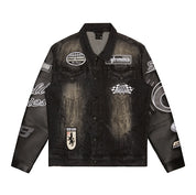 Smoke Rise Embroidered Patched Racing Jean Jacket - Moon Black