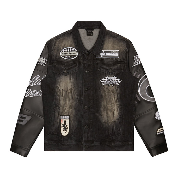 Smoke Rise Embroidered Patched Racing Jean Jacket - Moon Black