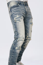 Rip & Repaired Color Slim Tapered Denim Jeans - Malibu Blue