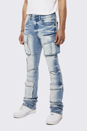 Utility Multi Pocket Stacked Denim Jeans - Lowell Blue