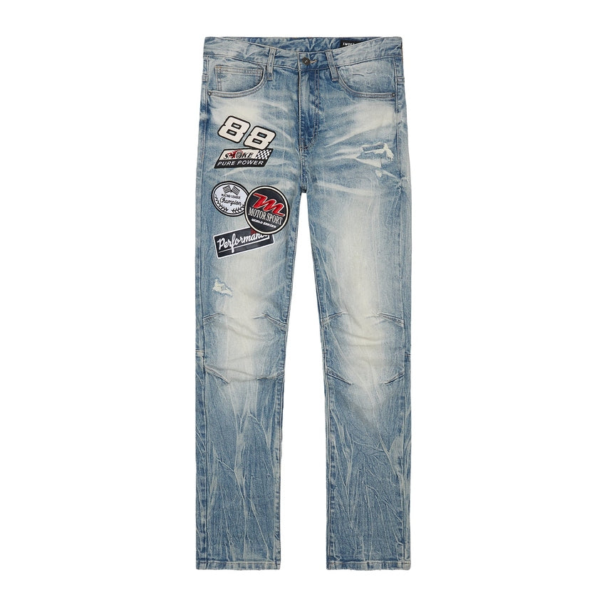 Smoke Rise Embroidered Patched Racing Denim Jeans- Beacon Blue