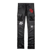 Smoke Rise 3D Embroidered Cargo Vegan Leather Pants - Black